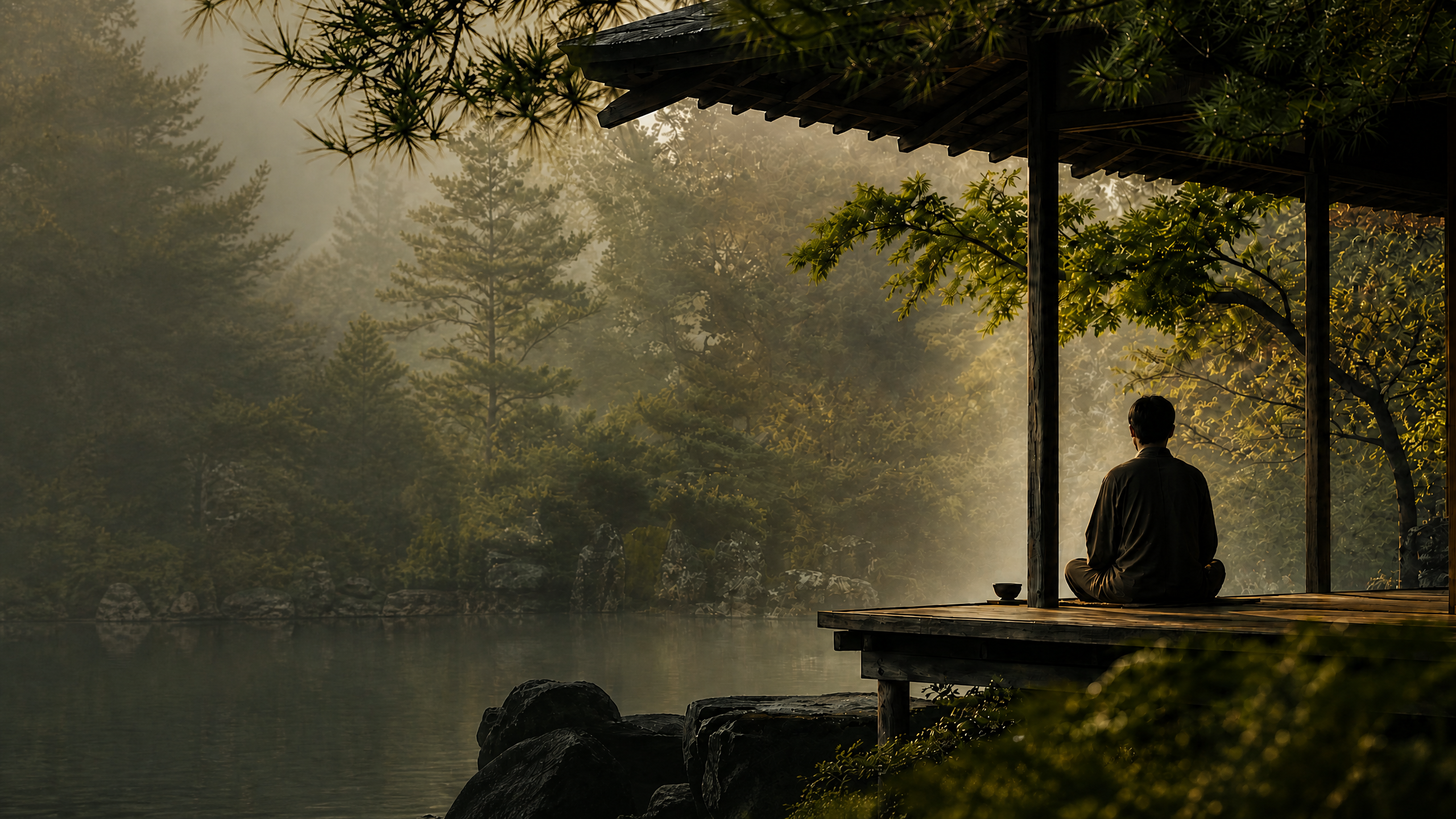 A contemplative tea practice in a forest pavilion, representing The Heart’s Dana community